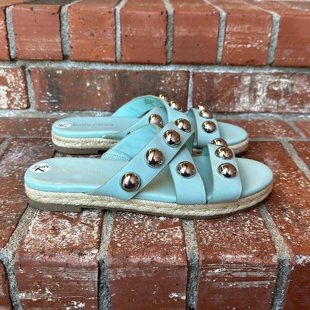 Marc Fisher Prisca Espadrille Slide 7.5 Sandals Aqua Blue Green Silver Ball